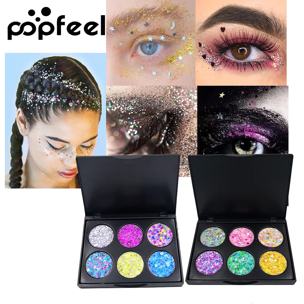 

Popfeel 6Colors Diamond Powder Glitter Eye Powder Palette Shiny Eyes Face Body Pigment Pressed Jewels Shimmer Powder TSLM2