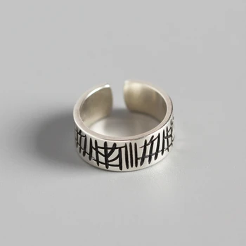 

Retro Personality Hipster Irregular Carving Black Line Oxidized Doodle Wide Pasta Finger Ring 925 Sterling Silver Band For Women