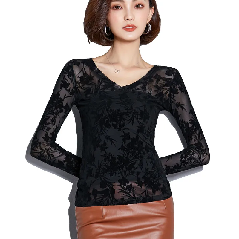 spring autumn Basic Tshirt Long Sleeve Women V Neck Flocked T Shirt See