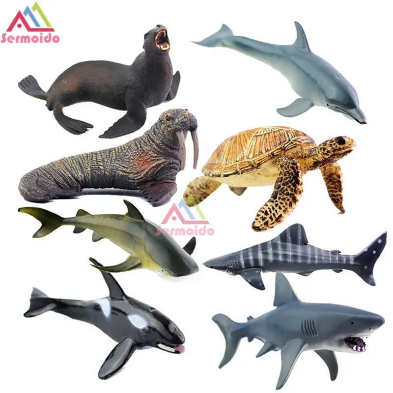 

SERMOIDO Sea Life Animals Turtle Toys Set Turtles Figurines Walrus Plastic Shark Fish Model Kids Toy Educational Zoo Figure A154