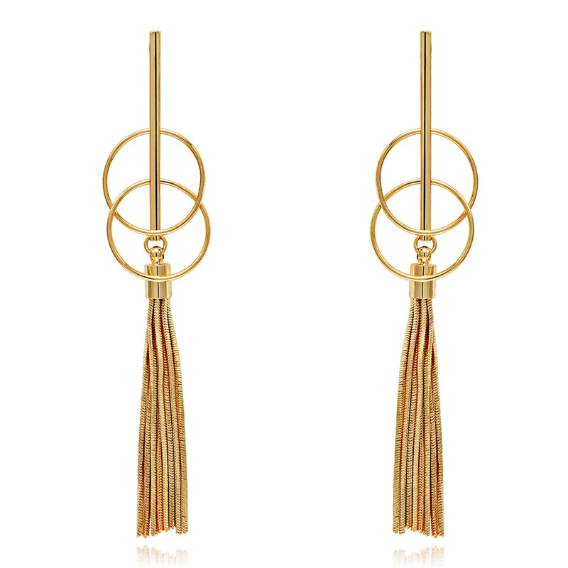 Women Gift Gold Plated Filled Jewelry Brand Ombre Tassel Earrings Long Chain Geometry Circle Drop Dangle Tassel Stud Earrings  (6)