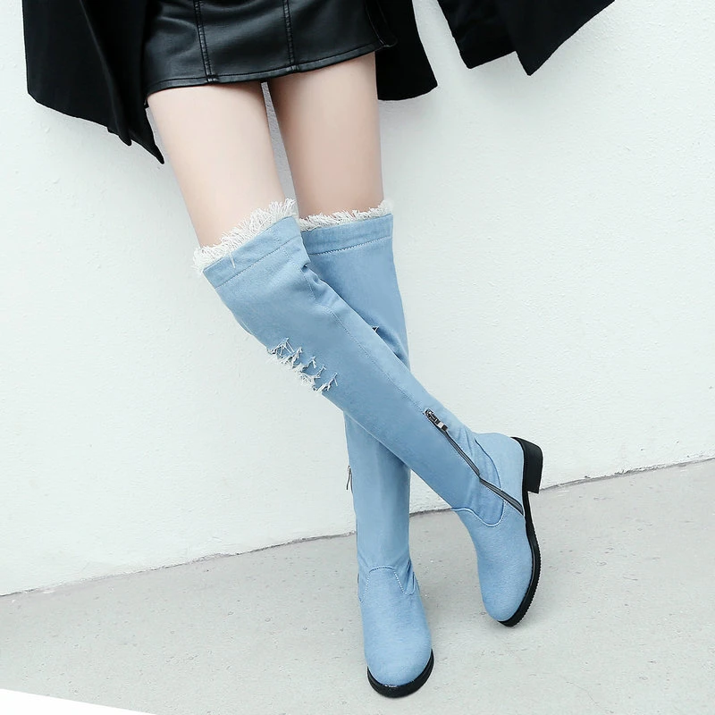 flat denim thigh high boots