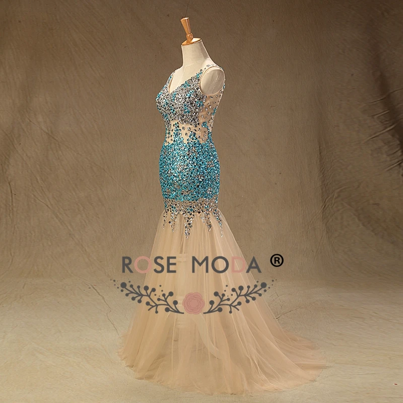 Роза Moda сексуальные платья для выпускного со стразами V шеи See Through Русалка Вечерние Платье отражающие платья