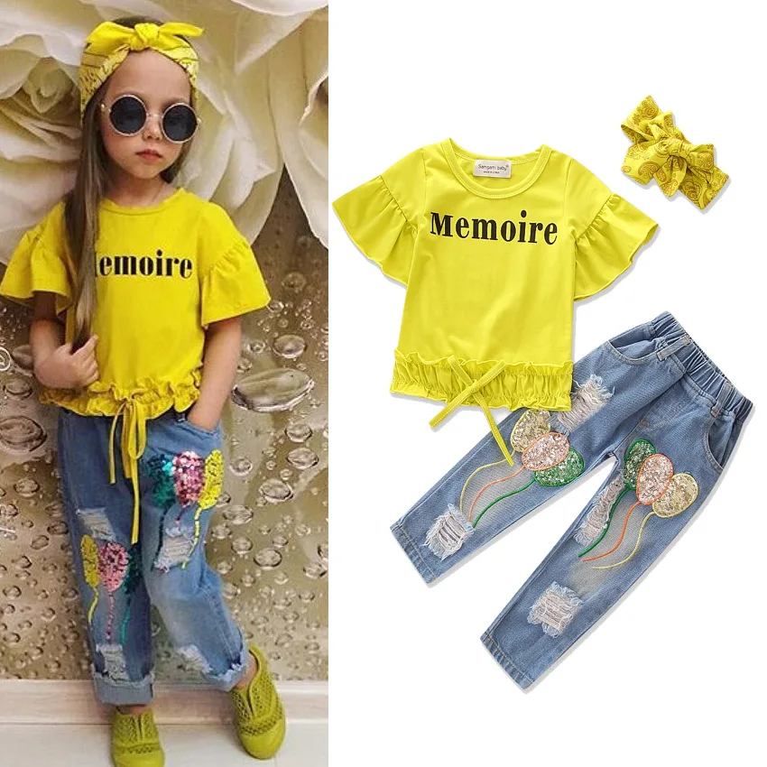 

Boutique Kids Clothing Summer Kids Clothes Toddler Girl Clothes Ruffle Yellow Top+ Ripped Jeans Kid 2 Piece Kids Fashion 2019