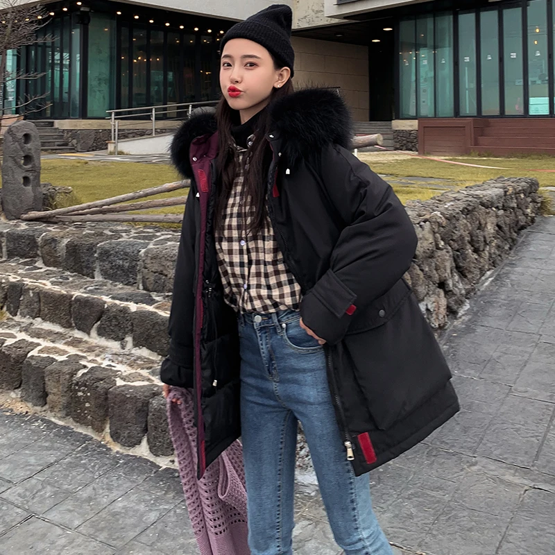 Ly Varey Lin зимняя длинная куртка с капюшоном и хлопковой подкладкой, парки для женщин, с воротником из искусственного меха, Повседневная Свободная верхняя одежда с большим карманом