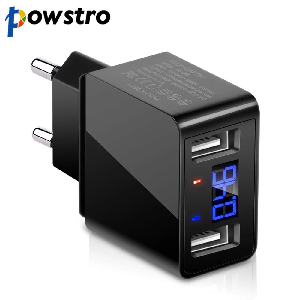 

POWSTRO Digital Screen 2 USB Phone Charger 5V 2.4A Intelligent Charging Wall Charger Travel Adapter for iPhone 8 X 7 7Plus 6S