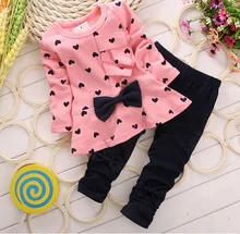 2016 Spring Baby Girls Suit New Cotton Fabala Bowknot Hearts Printed Children Suit