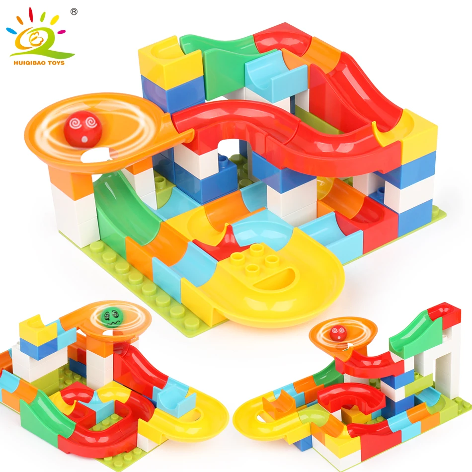 

HUIQIBAO TOYS 52pcs Big size Race Run Track Balls Rolling Track Building Blocks Toys For Children Compatible Duploed Bricks