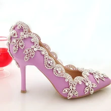 2015 Glamorous Popular Purple Wedding Shoes Bridal Party High Heels with Rhinestone Pointed Toe Three Inch Party Prom Heels