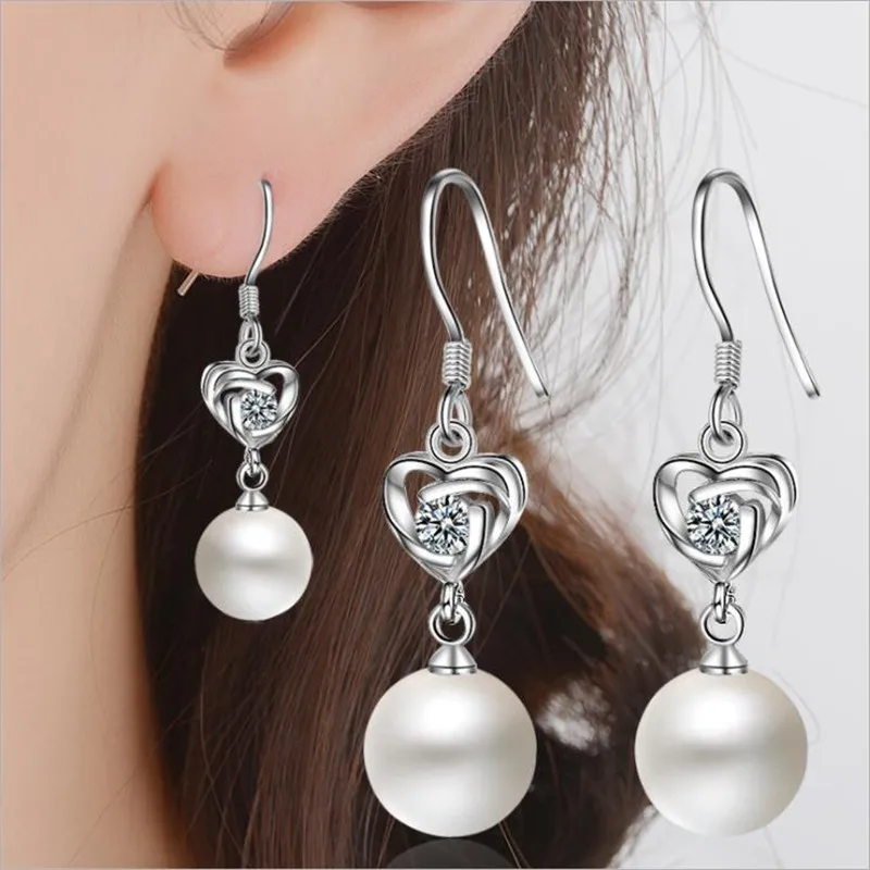 

LUKENI Latest Female Pearl Drop Earrings For Women Jewelry Top Quality 925 Sterling Silver Earrings Girl Crystal Heart Lady Gift