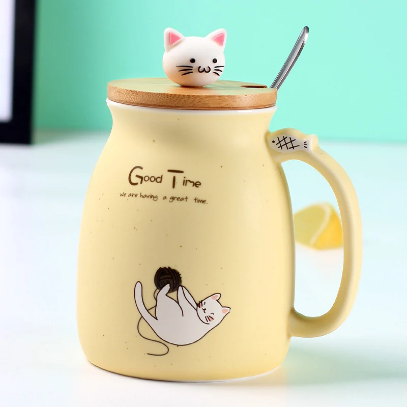 Креативная кружка термостойкая мультяшная с крышкой ложка чашка котенок кофе керамические кружки детская чашка офис милый кот посуда для напитков подарок - Цвет: yellow