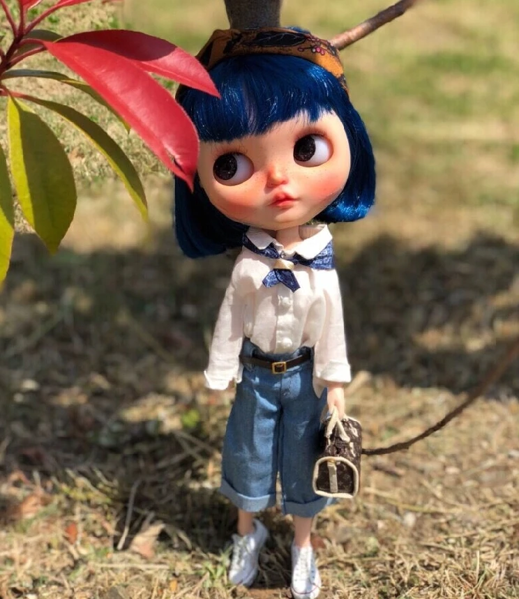 1 шт. белая рубашка синие ультра широкие брюки свободные для Blyth Azone s OB24 куклы