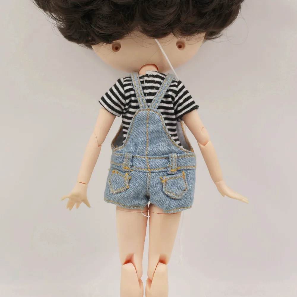 Neo Blythe Doll Black White Striped T-Shirt with Overall 4