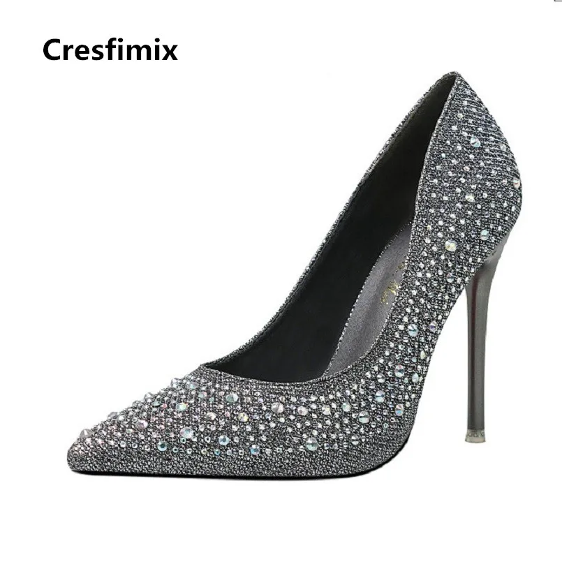 Cresfimix women fashion spring & summer black high heel pumps lady casual wedding crystal high heels silver cool shoes c2796