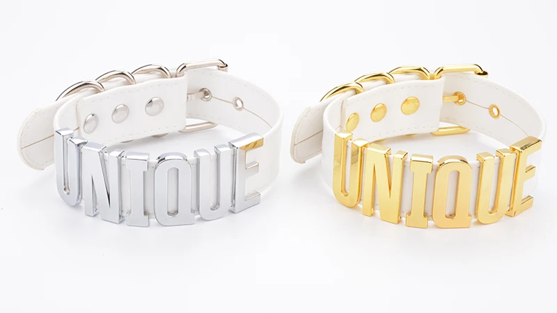 Charm Women 100% Cool Custom Choker Necklace Gold Silver Tall Alpabet Collar White PU Leather Necklace Punk Hrajuku Women Choker 12