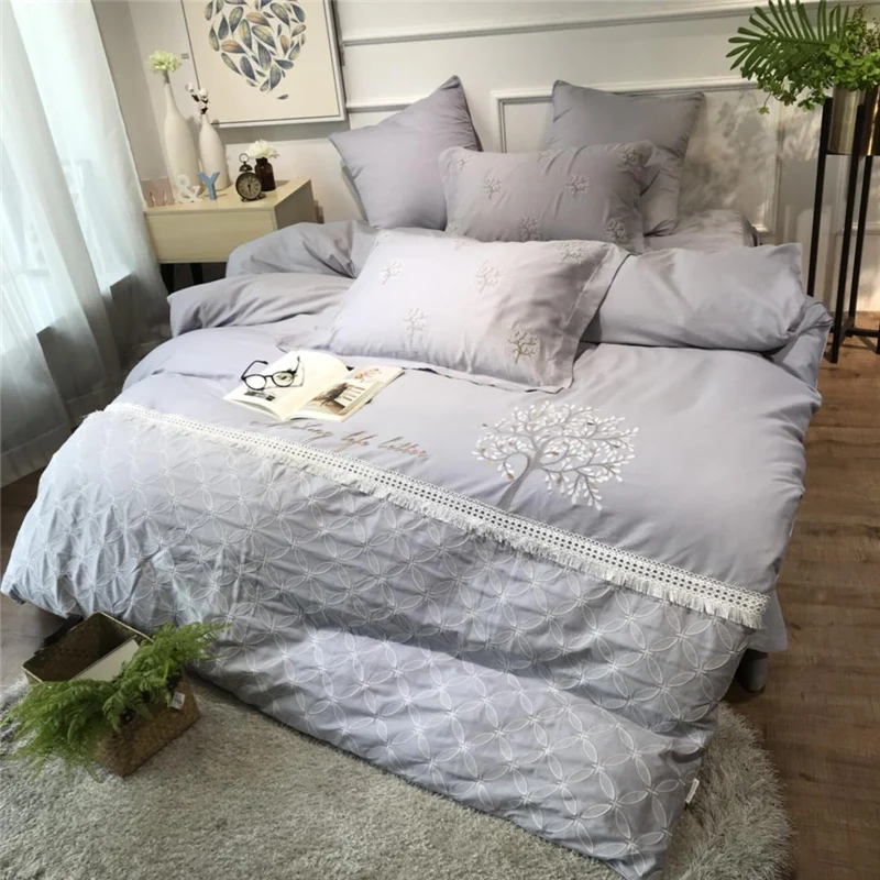 

Luxury Tencel Cotton Linen Pastoral Bedding Set Embroidery Lace Breathable Duvet Cover Bed Sheet Pillowcase Queen King Size 4pcs