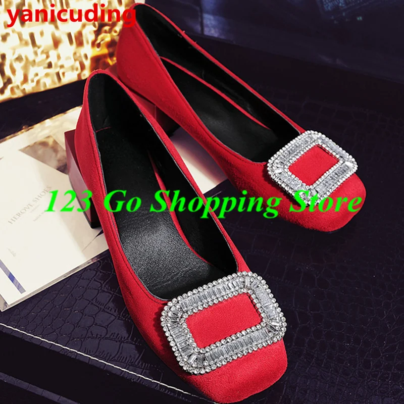 

Med Heel Square Toe Women Pumps Crystal Embellished Buckle Decor Shoes Shallow Chaussures Femmes Brand Design Runway Star Shoes