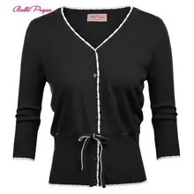 Belle Poque, Модный женский кардиган, Ретро стиль, 3/4 рукав, v-образный вырез, галстук на талии, черный/красный, кардиган, вязаная одежда, топы, свитер, вязаное пальто