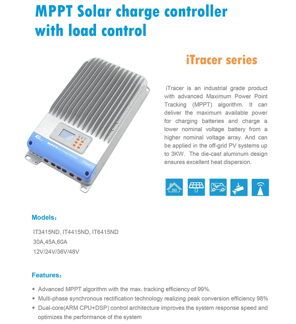 Контроллер слежения на солнечной батарее 60A IT6415ND ble box MT50 meter 60 amps 12 V/24 V/36 V/48 V батарея авто работа ЖК-дисплей экран