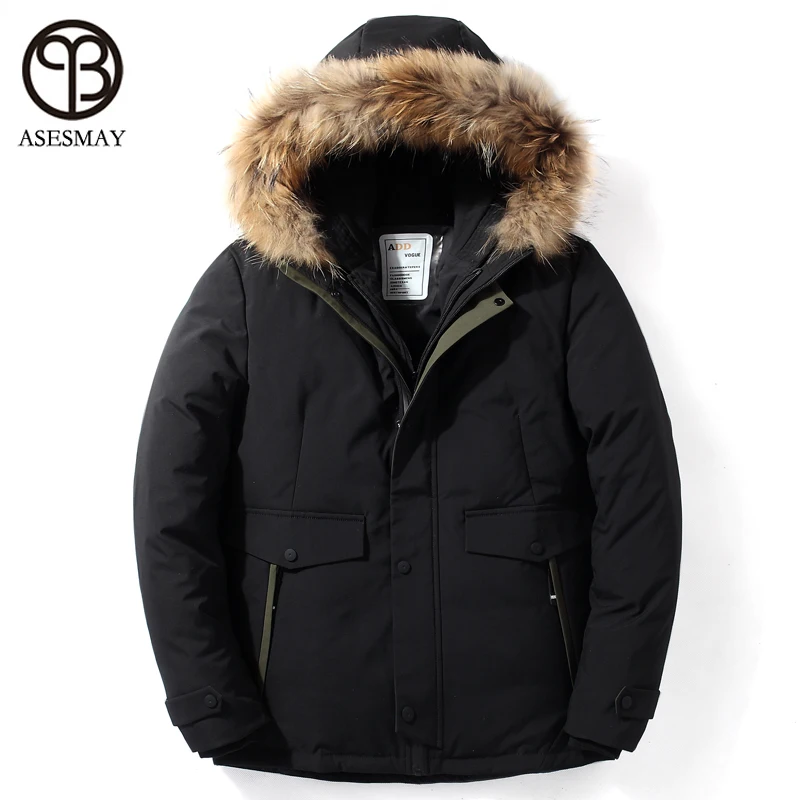 Asesmay, зимние мужские пуховики, толстые теплые короткие пальто, воротник из натурального меха, повседневная мужская парка с гусиным пером, зимняя верхняя одежда