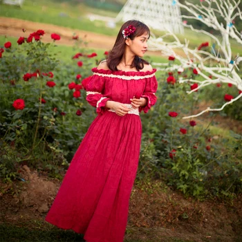 

SpringSummer Women Jacquard RedCotton Linen Long Dress Ladies Vintage French Casual Loose Formal Sweet Cute Dress vestidos mujer