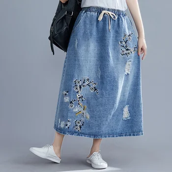 

Lace Up Elastic High Waist Jeans Skirt Midi Long Denim Skirt For Women Summer Loose A Line Denim Skirt With Embroidery