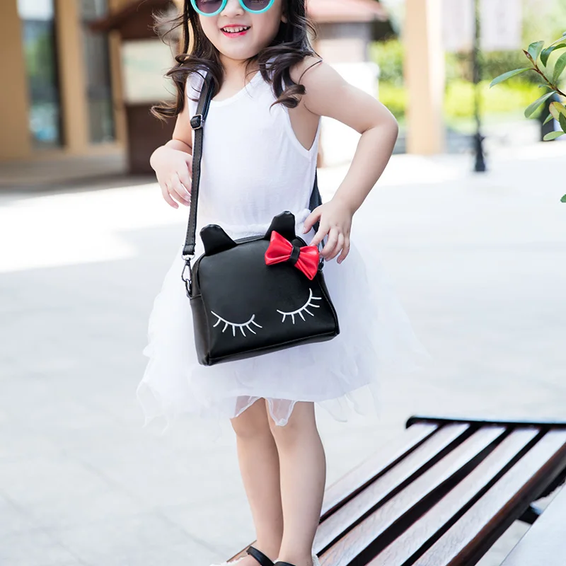 New Sweet Girl Shoulder Bag PU Leather Zipper Cute Cat Bow Handbag Kids Casual Bags WML99