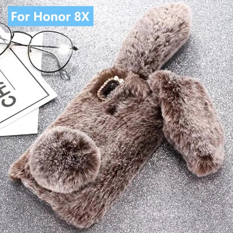 

Plush Bunny Case for Honor 8X Soft Fur Cute 3D Rabbit Ears TPU Bling Diamond Fluffy Phone Case Cover For Huawei Honor 8X