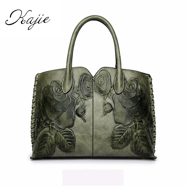 

Kajie Brand 2018 Ladies Genuine Leather Bags For Women Green Luxury Handbags Female Flower Embossed Messneger Bag Totes Bolsa