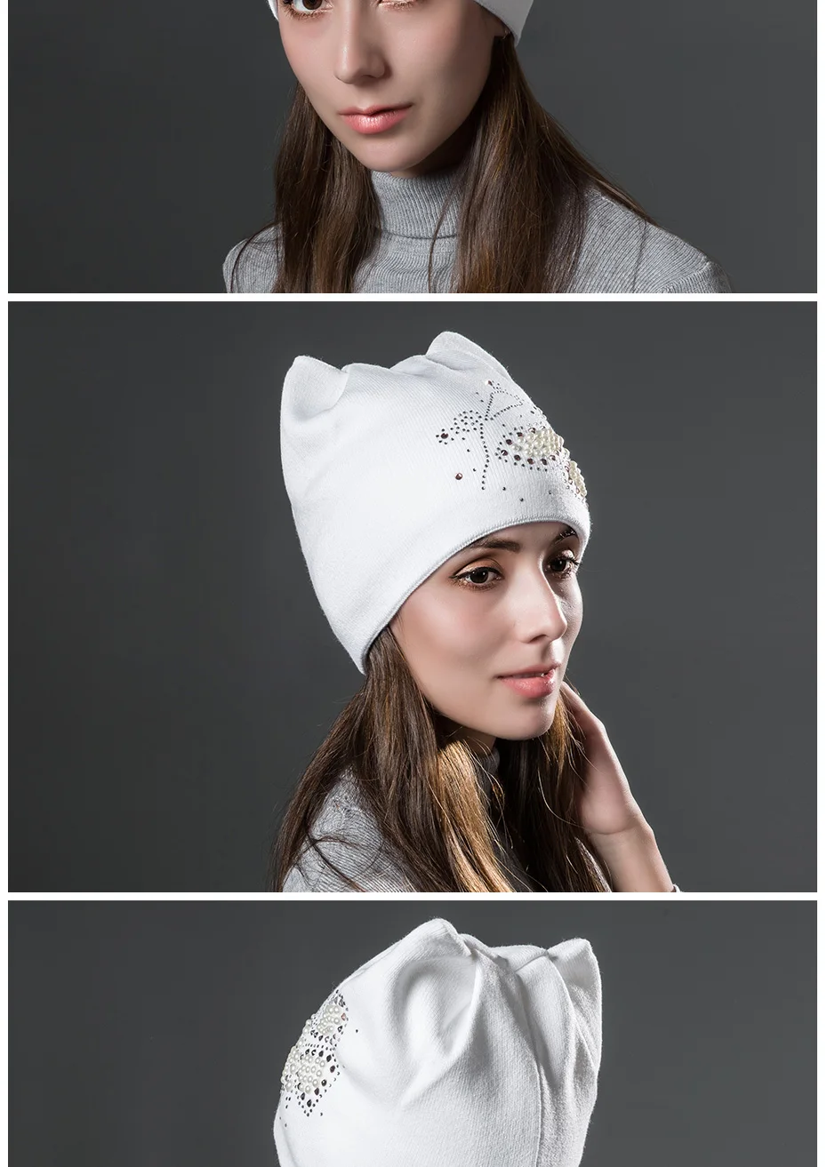 Двухслойная бархатная зимняя теплая шапка с милым котом, шапки с ушками для женщин с бабочкой и стразами, вязаные шапки бини