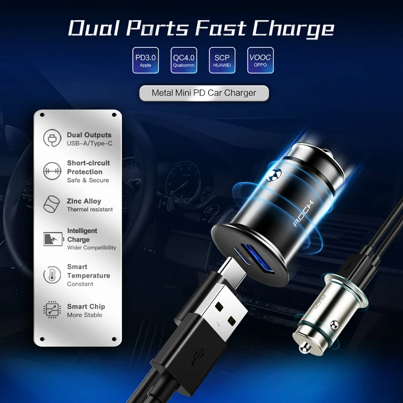روك 30 W QC4.0 3.0 PD3.0 شاحن سيارة SCP VOOC سريعة تهمة 4 في 1 المعادن البسيطة سريع المزدوج USB شاحن سيارة ل كوالكوم 4.0 3.0 2.0