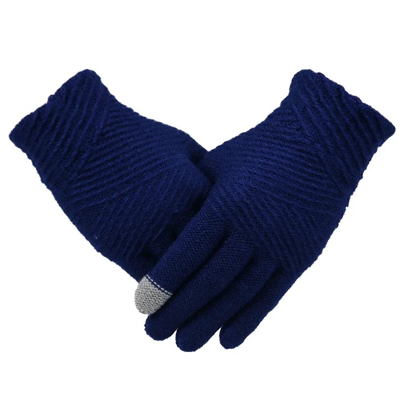 Navy Blue Женские вязаные перчатки, женские теплые варежки с сенсорным экраном, модные уличные полосатые вязаные перчатки на весь палец - Цвет: Navy Blue