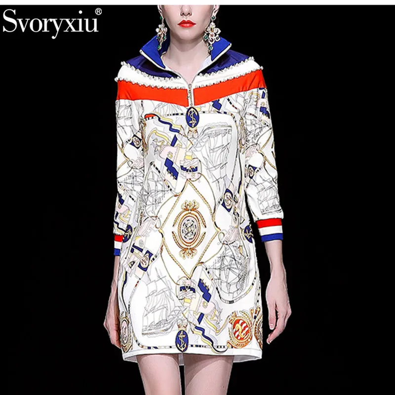 Svoryxiu Fashion Runway Korte Jurk vrouwen Lange Mouw Stand Crystal Diamond Streep Print Motion Casual Jurken Vestdios Svoryxiu Fashion Runway Korte Jurk vrouwen Lange Mouw Stand Crystal Diamond Streep Print Motion Casual Jurken Vestdios