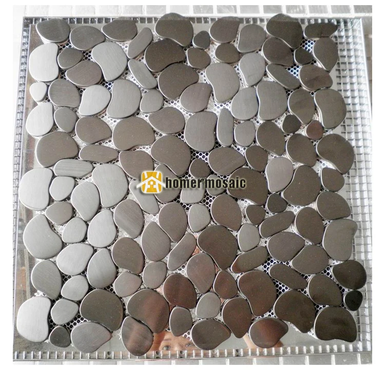 Image pebble design gray color brushed finished stainless steel metal mosaic tiles for living room kitchen backsplash metal mosaic