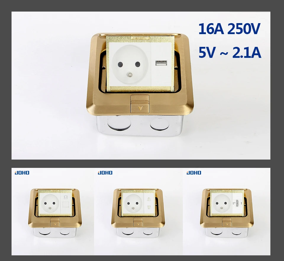 JOHO разъем питания медленная открывающаяся напольная корпус штепсельный разъм с 16А французская розетка и RJ45 данных латунь сплав панели общего типа