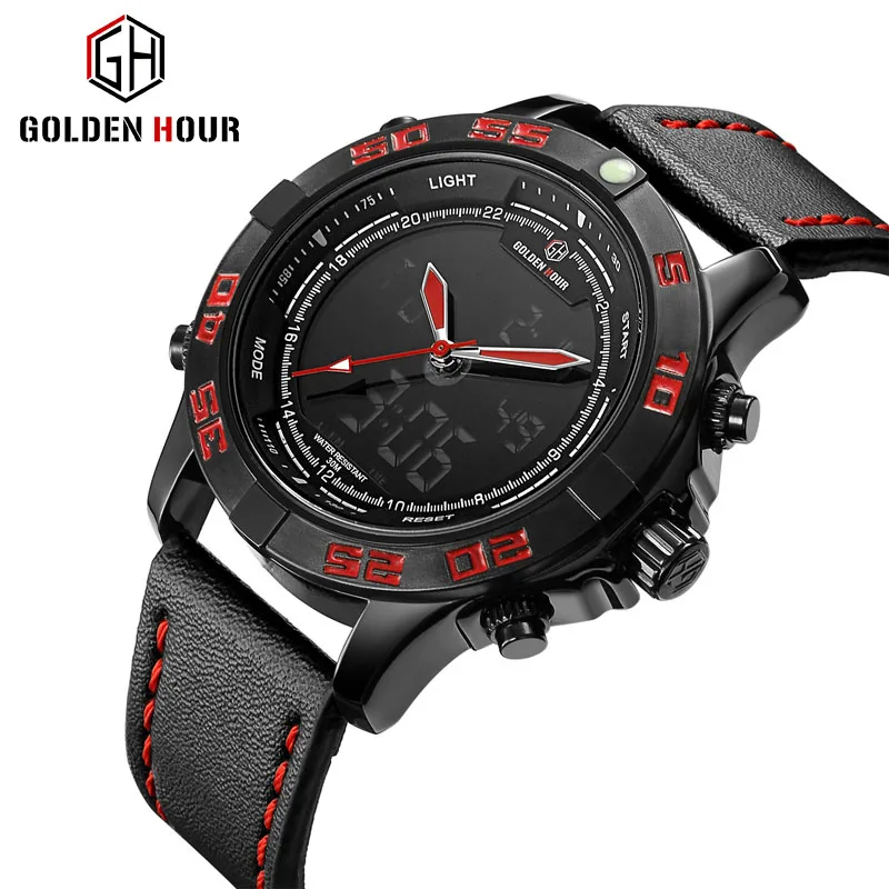 

GOLDENHOUR Men Analog LED Digital Leather Quartz Sports Waterproof Watch Men's Military Male Clock Watches Relogio Masculino