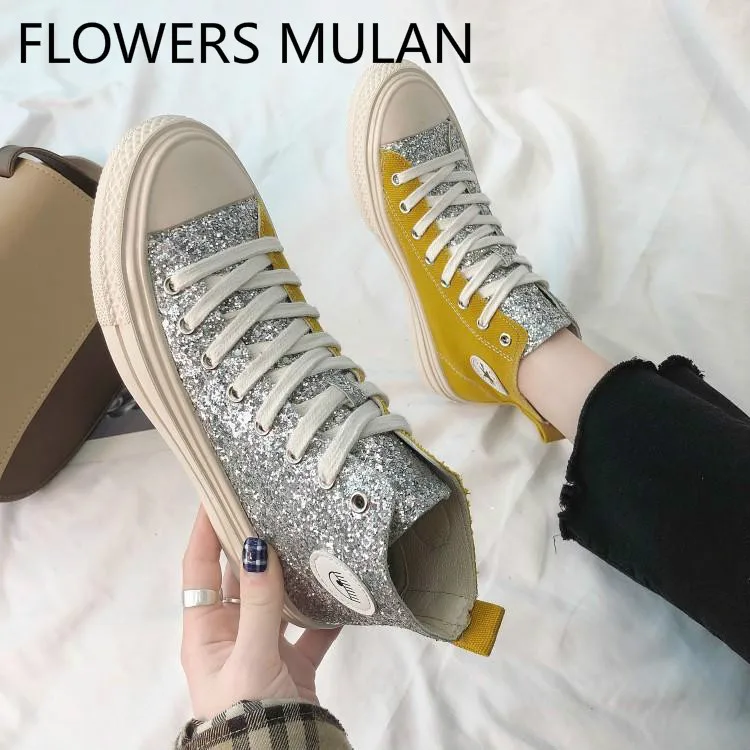 

Designers New Patchwork Half Silver Sequined Leather Half Yellow Canvas Women Trainers Shoes High Top Lace Up Girl Sneakers