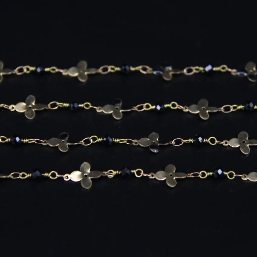 Oil Drip Flower Link Black Glass ChianBlack Crystal Faceted Rondelle Brass Wire Wrapped Rosary Chain Sweater Chain Necklace Jewelry Findings