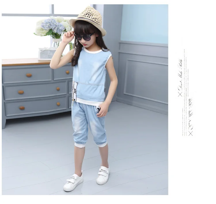New Summer Girls Clothing Set Sleeveless Shirt Shorts Children Clothes Sets For Girls Teenager Sports Suits Denim Kids Tracksuit (8)