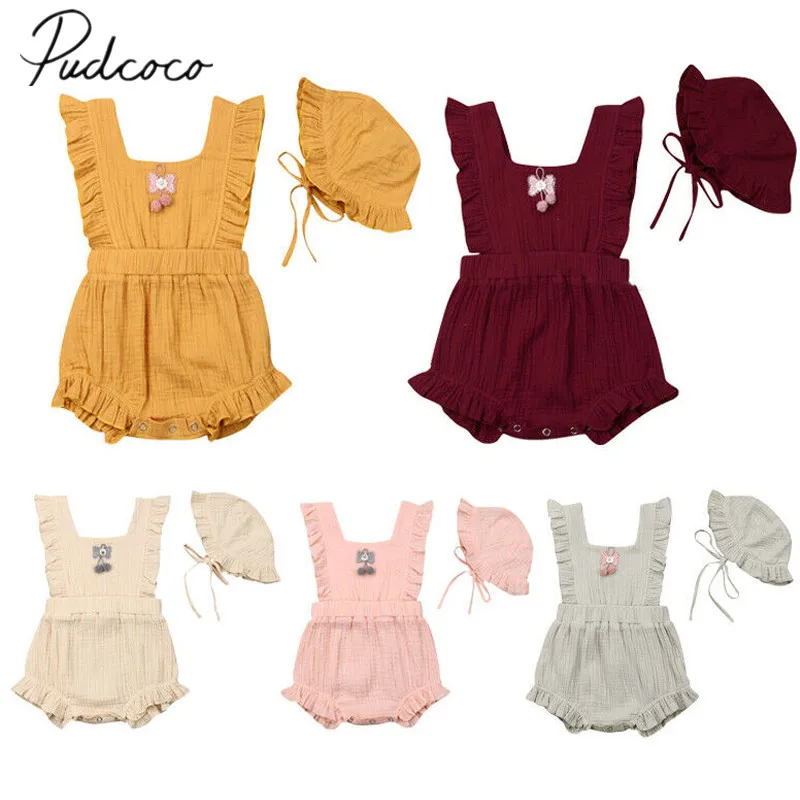 

2019 Baby Summer Clothing Infant Baby Girl 100% Cotton Romper+Hats 2pcs Ruffles Sleeveless Flower Solid Jumpsuit Outfits Clothes