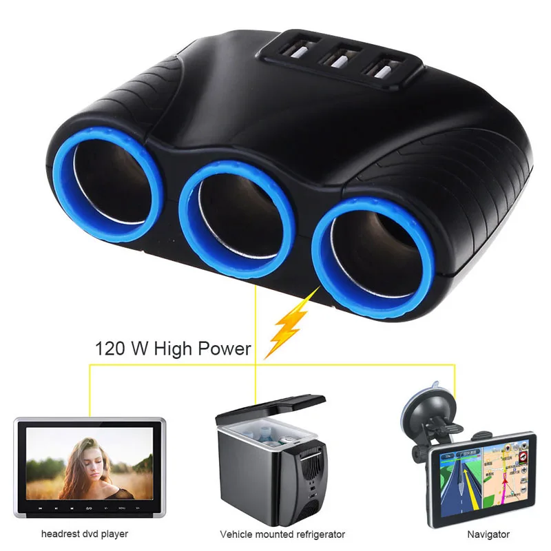 

Fast Charge Multi-function Car USB Charger Adapter 3 Socket Car Cigarette Lighter 12V / 24V 120W 3USB for The Iphone and Android
