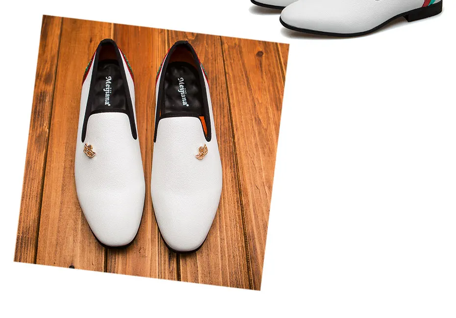 MEIJIANA/мужские лоферы ручной работы; повседневная обувь белого цвета; Новинка; свадебные модельные туфли с металлическим украшением; обувь для ночного клуба