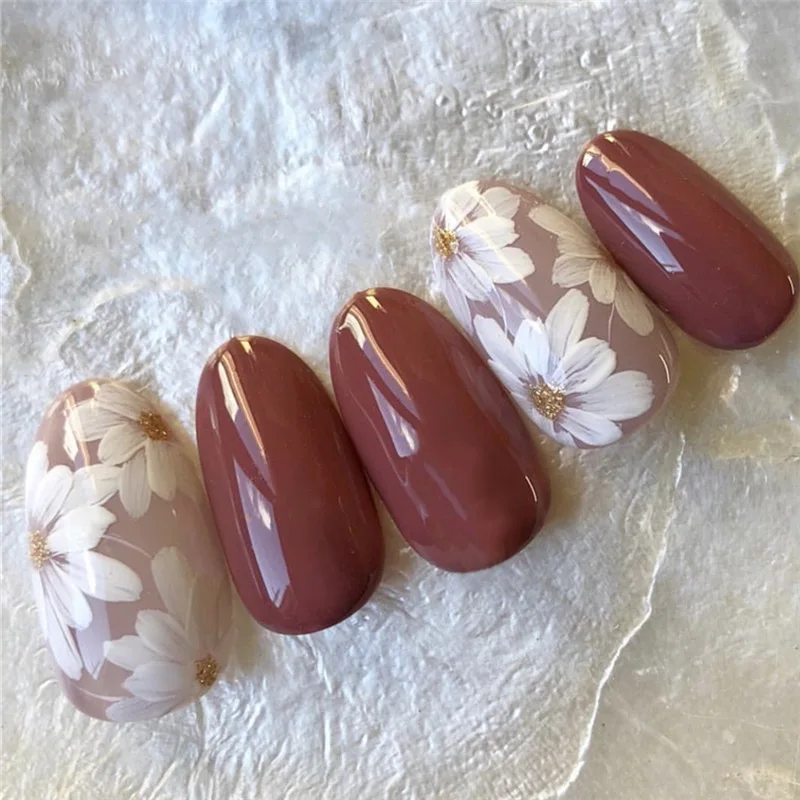  24pcs Bean Paste Color Decor Flower Full Cover Wedding Bride Full Nails Tips Artificial Nails Art P