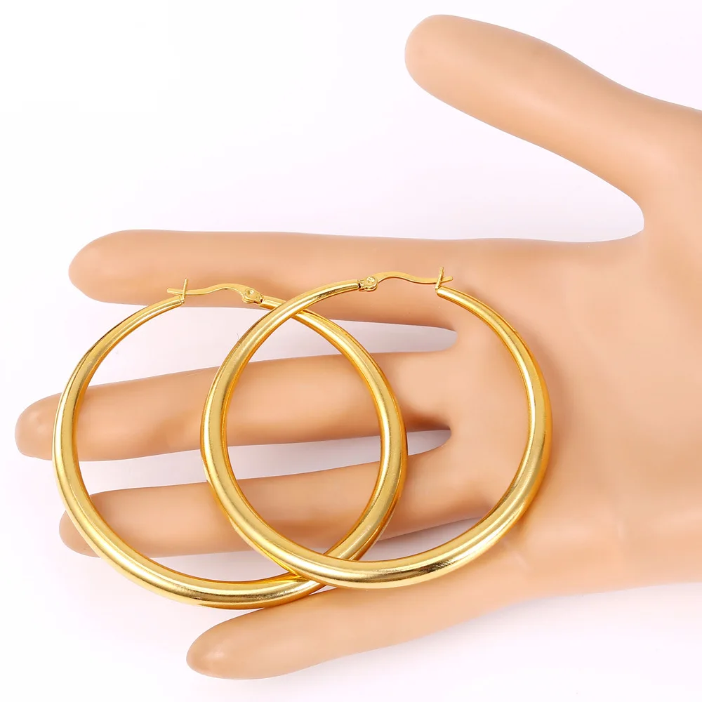 U7 Gold Color Hiphop Big Hoop Earrings Stainless Steel Women Jewelry Minimalist Circle Round Huggie Earring Mother's Gift E365
