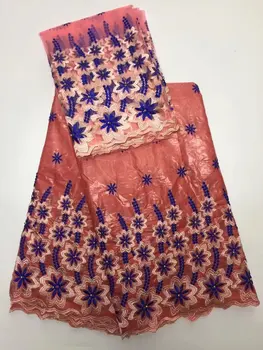 

Pink Color 5 Yards Bazin Fabric Embroidered With Stones + 2 Yards Net French Lace Fabric African Bazin Riche Getzner 2017