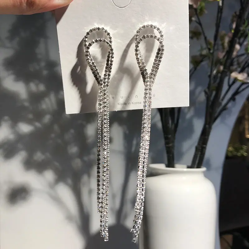 Flatfoosie серебряного цвета со стразами кристалл, Длинная кисточка серьги для женщин Свадебные серьги-подвески Brincos Свадебные украшения