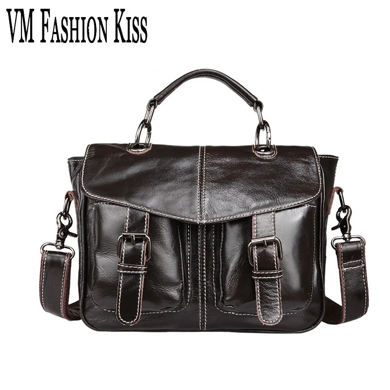 

VM FASHION KISS Oil Wax Genuine Leather Men's Classic Retro Briefcase Business Shoulder Bag Laptop Portfolio Messenger Handbags