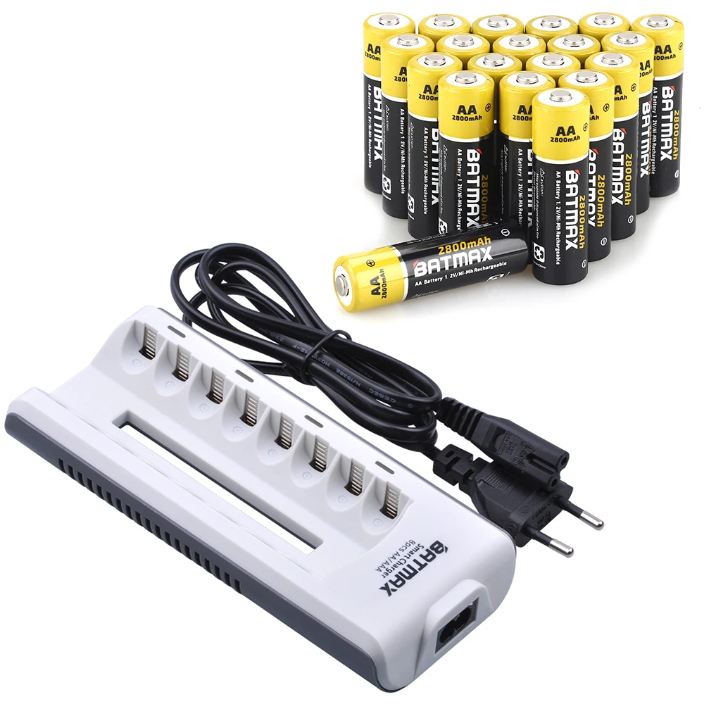 

16Pcs AA Rechargeable Battery AA NiMH 1.2V 2800mAh Ni-MH 2A Pre-charged Bateria + 8Slots AA/AAABattery Charger Kits for Camera