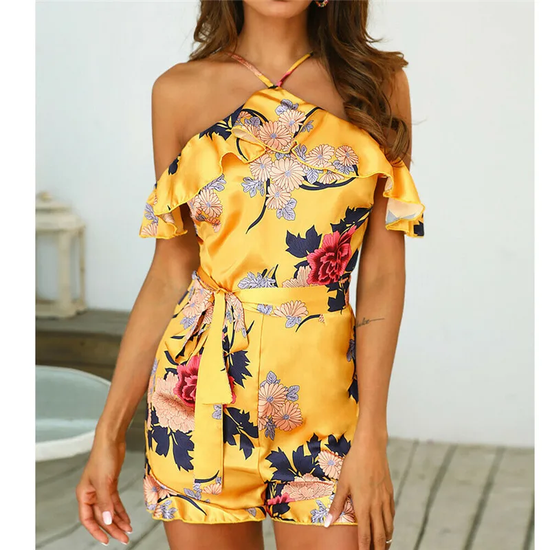 Новая женская летняя блузка на бретелях шеи свободные модные комбинезоны женский комбинезон с оборками пляжный костюм с цветочным рисунком Стиль