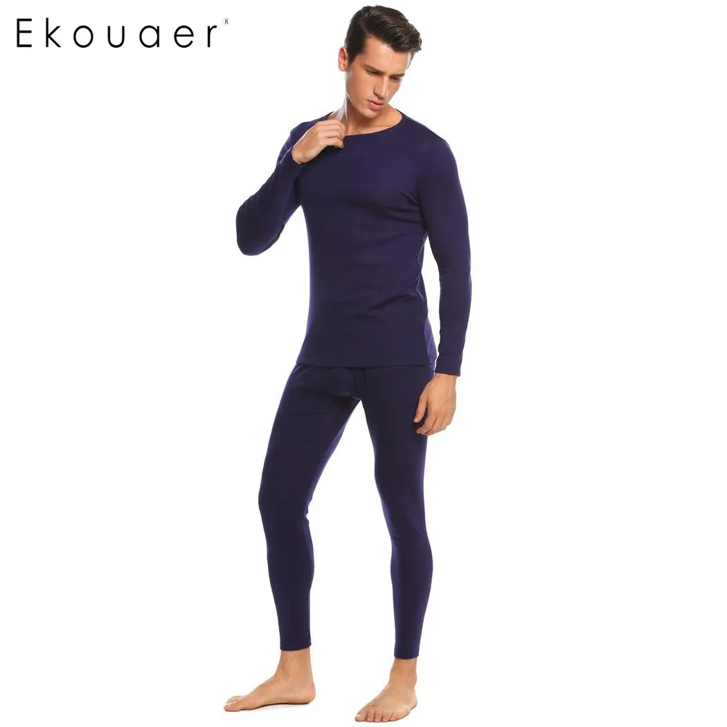 Ekouaer Pajamas Winter Men Solid Slim Thermal Underwear Set Casual Men